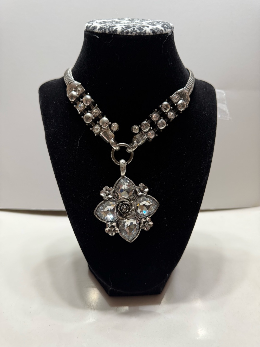 Silver Crystal Floral Pendant Necklace - Sparkling Silver Statement